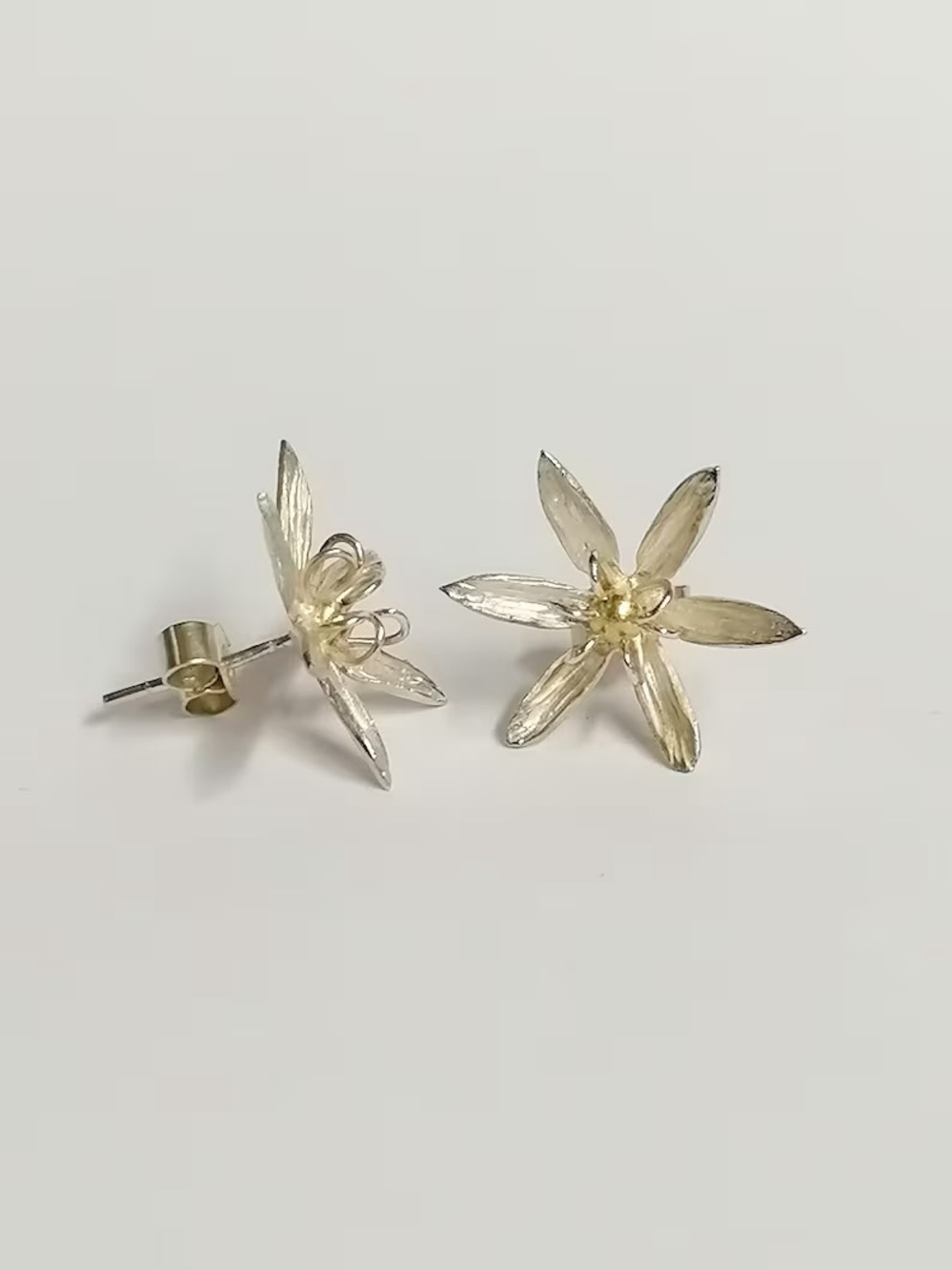 Sterling Silver Floral Stud Earrings - Silver and Gold Two-Tone - Picture 5 of 5